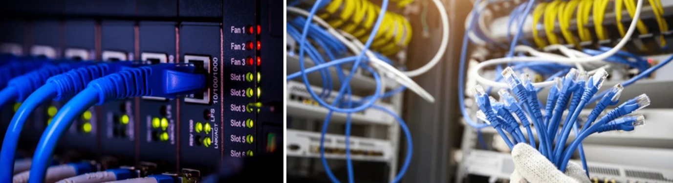 Technicien de 2iibm Tech procédant à la rénovation d'une baie de brassage et au test de câblage Ethernet dans une entreprise de Martinique.